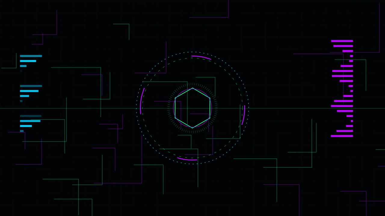 Futuristic Digital HUD Interface with Rotating Hexagon and Data Graphs