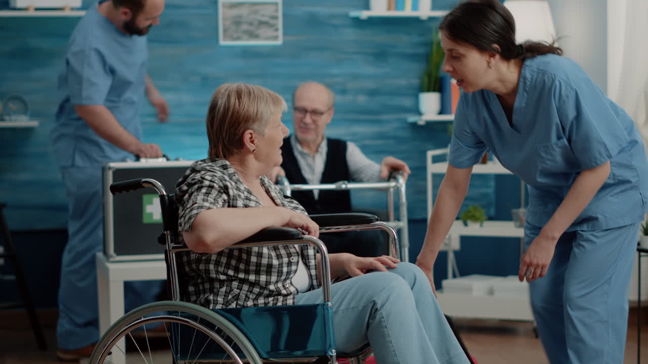 Disabled woman getting medical visit for checkup from nurse