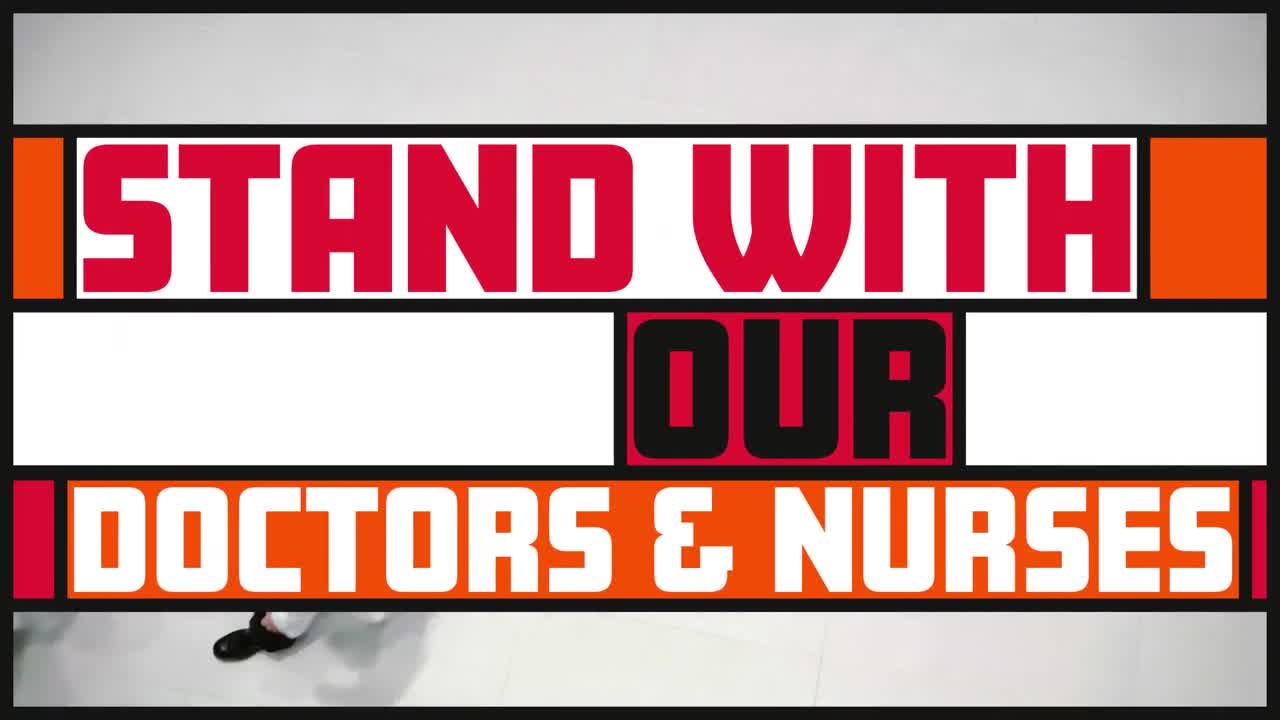 걸어다니는 백인 의사 들 의 집단 위 에 있는 다채로운 배너 에 있는 텍스트 의 애니메이션