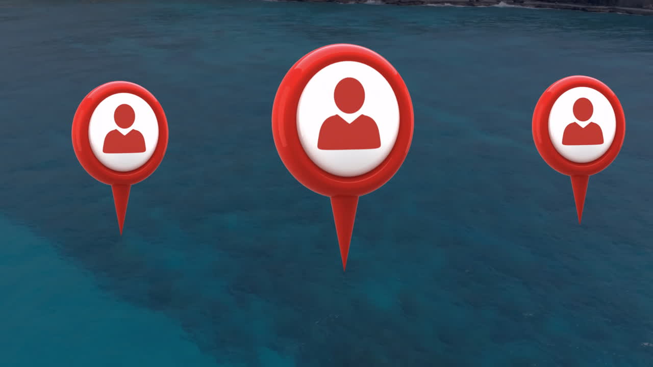 Animation of tags with icons over seaside landscape