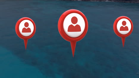 animation of tags with icons over seaside landscape