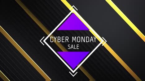 cyber monday text in white with purple triangles over diagonal gold stripes on black background