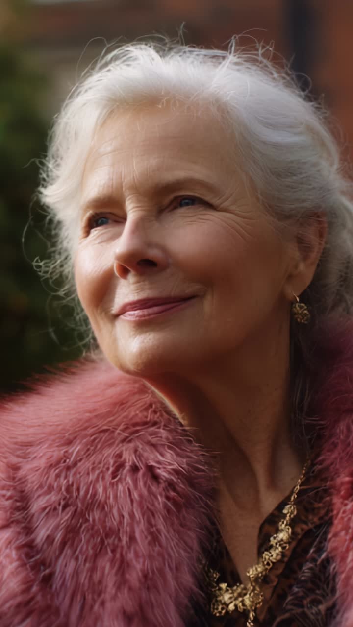 Uma senhora idosa graciosa, com cabelos grisalhos e um sorriso caloroso, envolvida pela luz natural e usando acessórios elegantes, irradiando sabedoria e espírito alegre