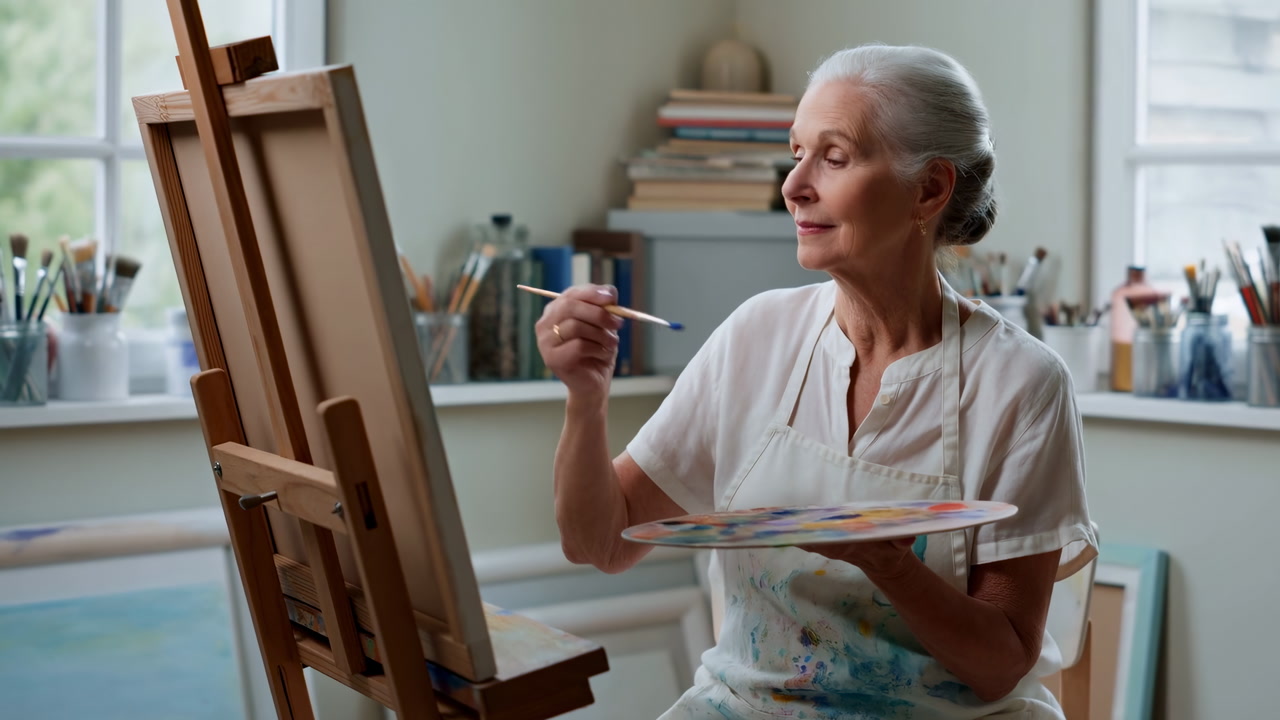 White Senior Woman Painting At Easel In Sunlit Home Studio, Wearing Paintsplattered Apron, Mixing Colors