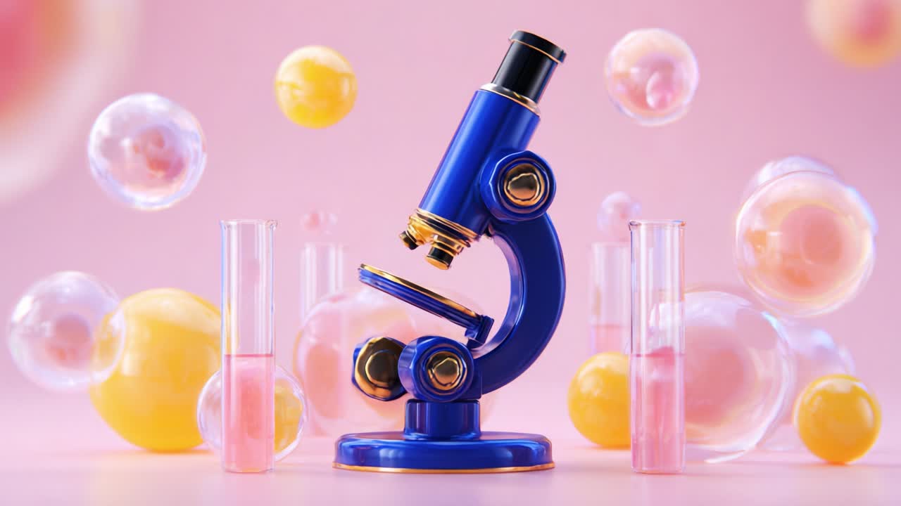 An artistic depiction of a vibrant blue microscope surrounded by colorful bubbles and laboratory glassware, creating a playful yet scientific atmosphere evocative of exploration and discovery