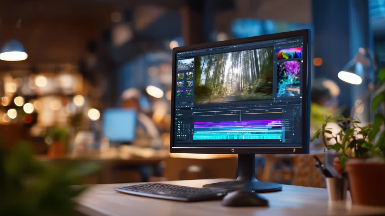 In un’area di lavoro moderna, un monitor di editing mostra immagini vivaci di un sentiero nella foresta, evidenziando l’editing video creativo con diversi livelli di editing e strumenti.