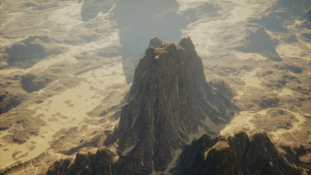 산들은 황량한 지형과 그림자를 가진 사막 풍경 위에 아 있습니다.