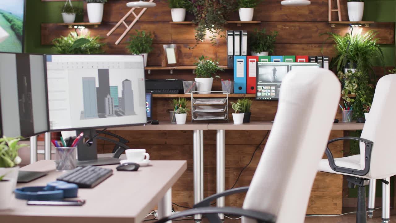 Modern office space with plants and computers