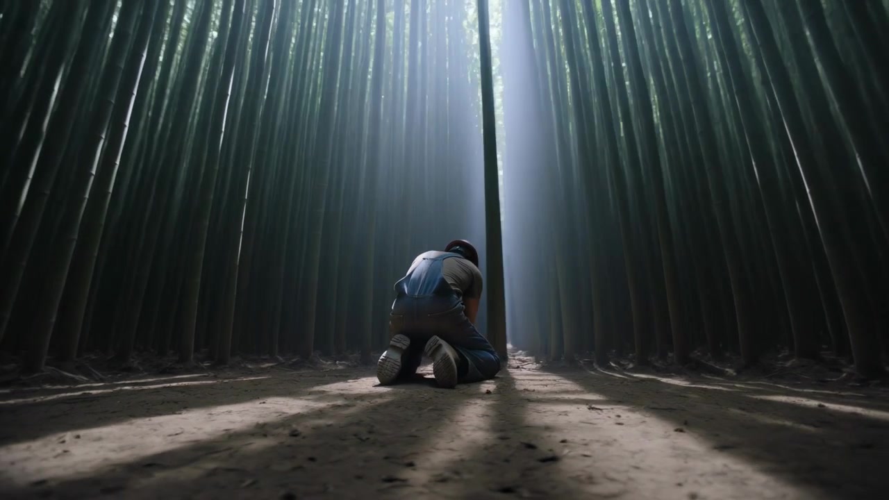 Kneeling man leaning as light column brightening in bamboo aisle, in cap and jeans, checking gap