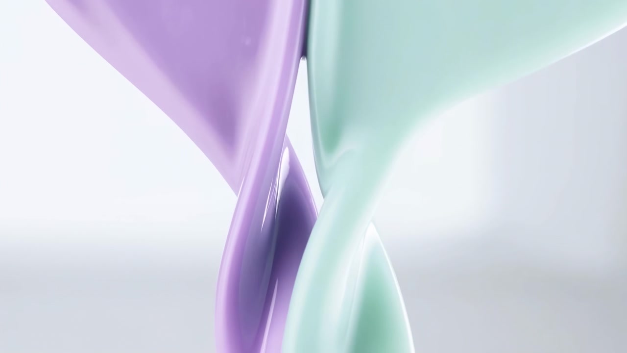 Translucent purple and mint green ribbon forms twist gracefully across a clean light background, creating an elegant airy composition with soft glow, smooth