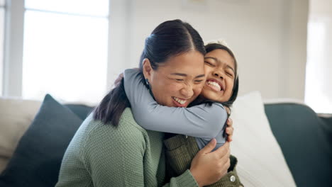 mother, daughter and hug with kiss and happiness