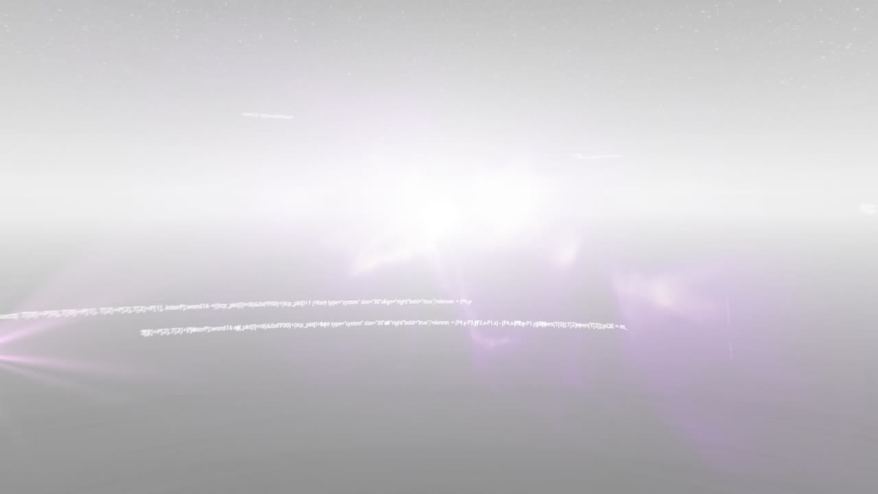 Animation of looping computer language over lens flares against gray background