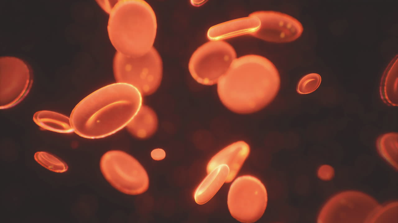 Microscopic view of moving red blood cells against a vivid backdrop