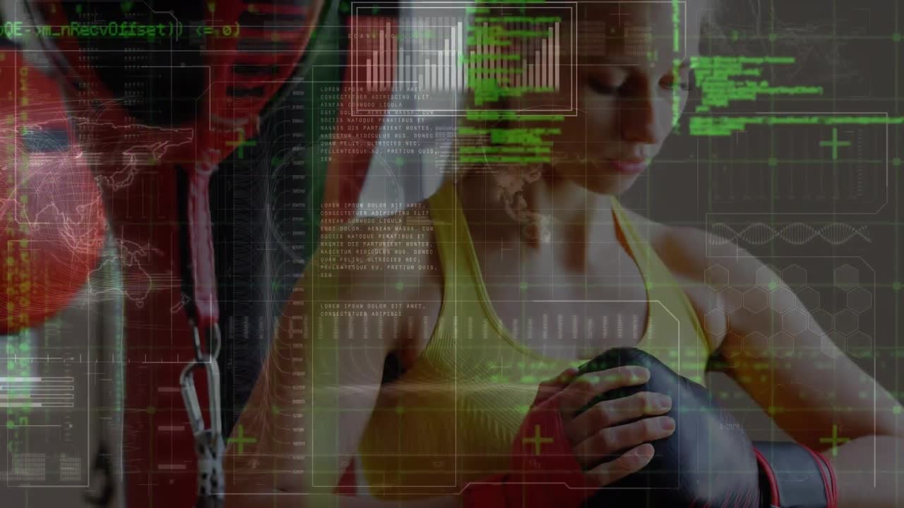 animación del procesamiento de datos sobre una mujer caucásica en el gimnasio