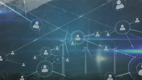 digital network connecting user icons with glowing lines across wind farm landscape, flat design
