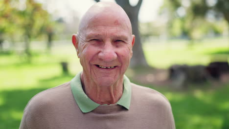 senior man, face and smile in park