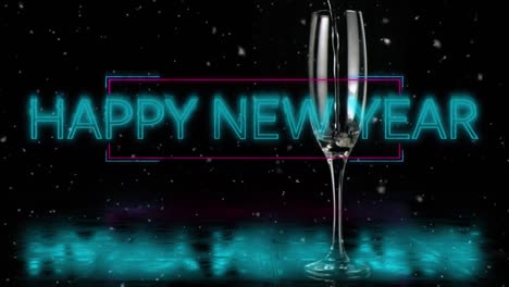 Animation-of-happy-new-year-text-over-glass-and-blurred-lights