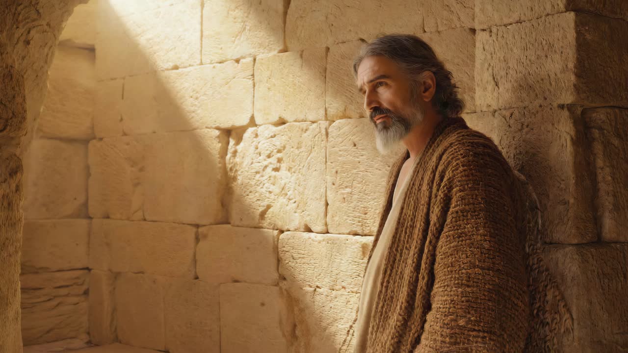 Man in robe standing by stone wall