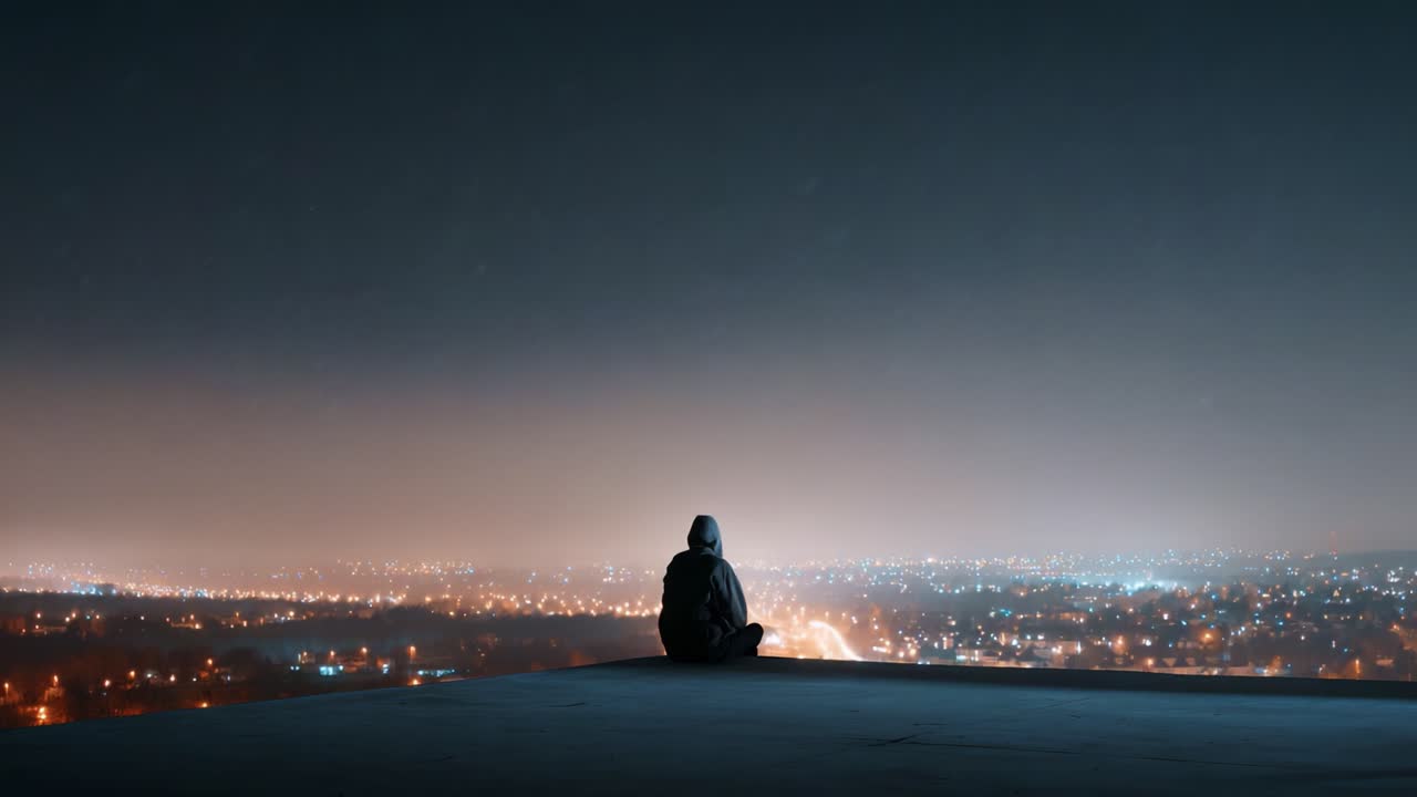A solitary figure gazes over a sprawling cityscape at night, embracing the tranquility of the moment while surrounded by the shimmering lights of the urban landscape from a rooftop vantage point