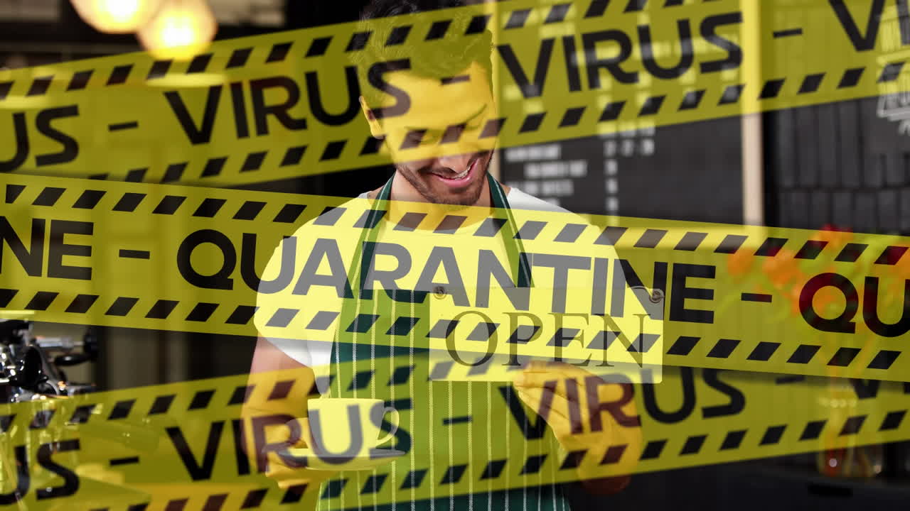 Animation of police tapes over happy biracial male chef holding Open sign