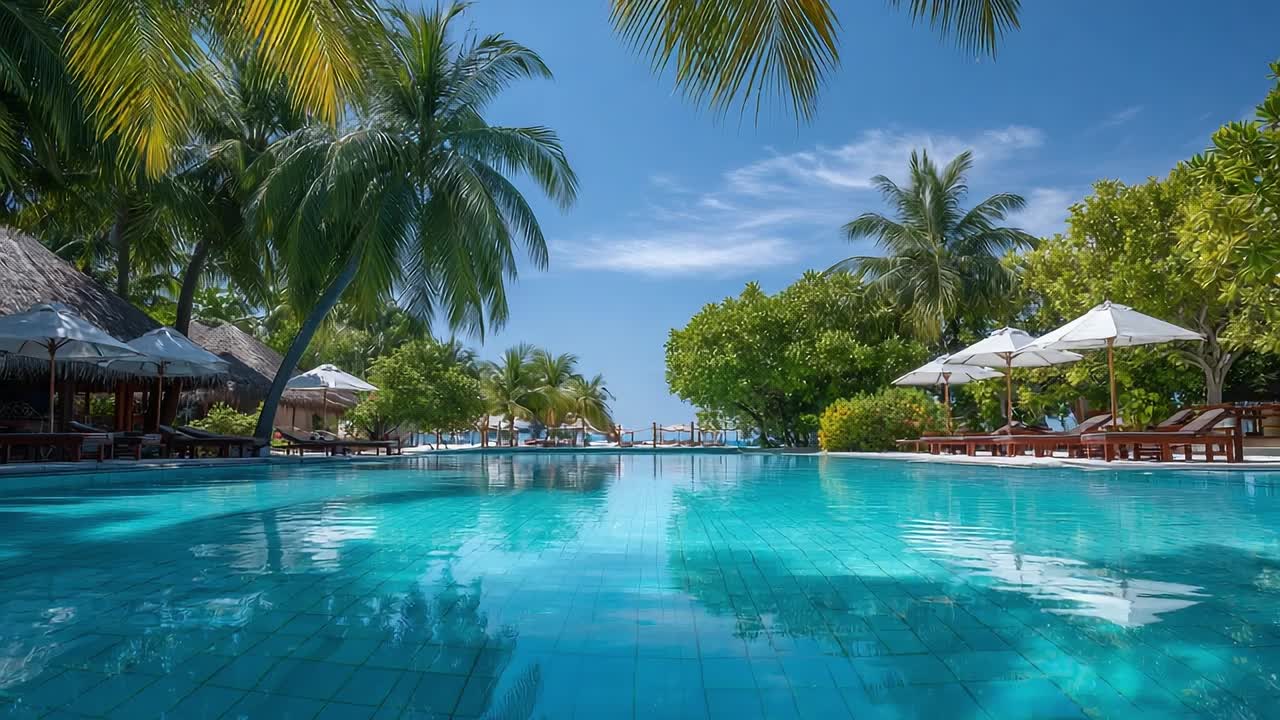 Afslapning ved poolen på et tropisk resort under den klare, blå himmel