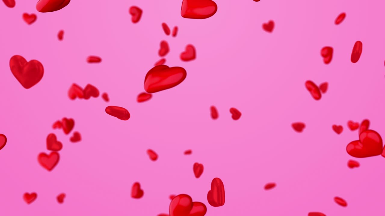 분홍색 배경 루프에 떨어지는 빨간색 3d 심장