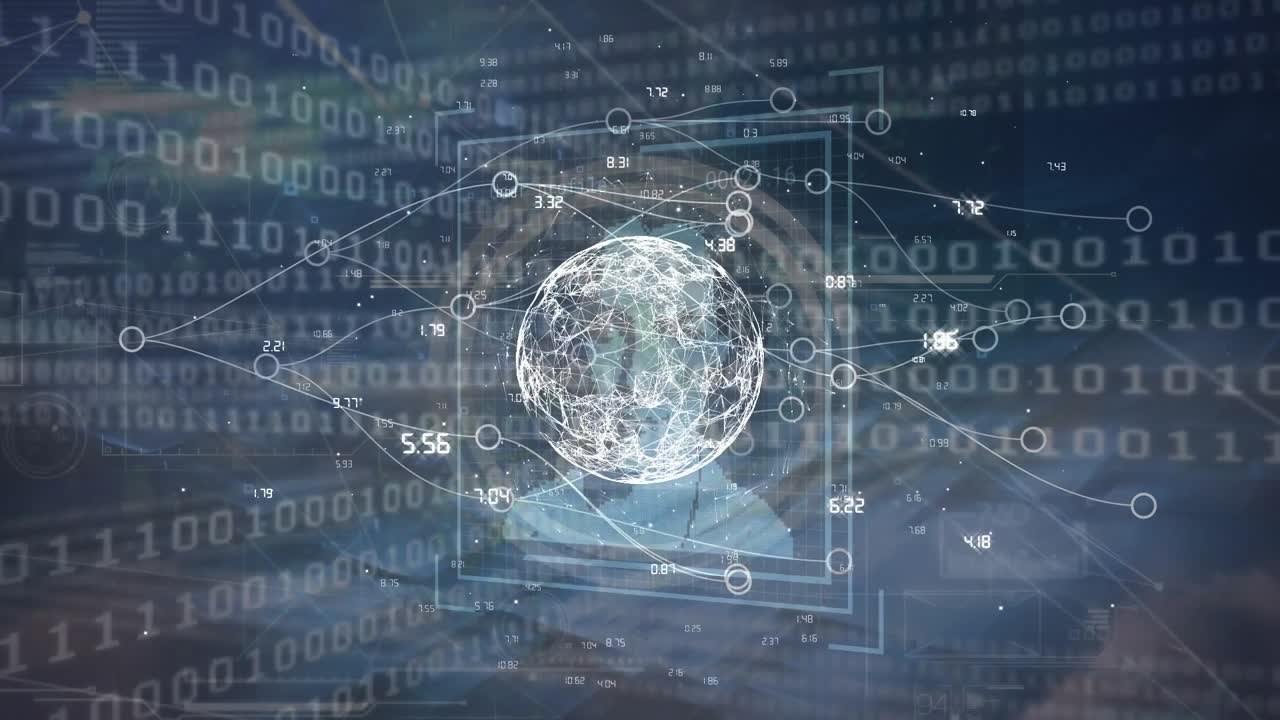 Animation of network of connections with globe and binary coding on blue background