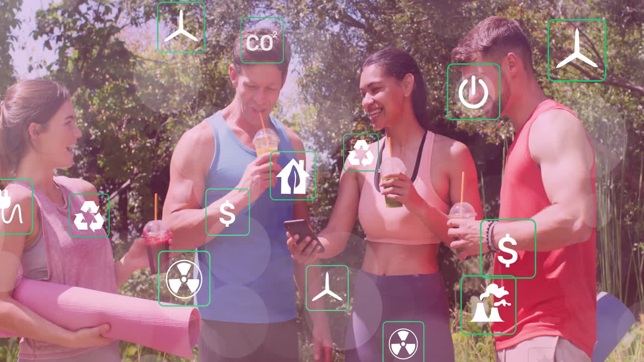 Animation of eco-friendly icons overlaying group of friends having drinks outdoors