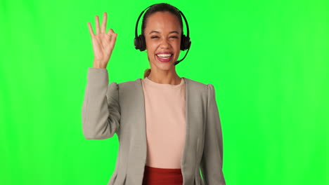 Woman,-call-center-agent-and-happy-by-green-screen