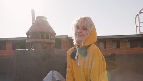 blonde woman on a terrace