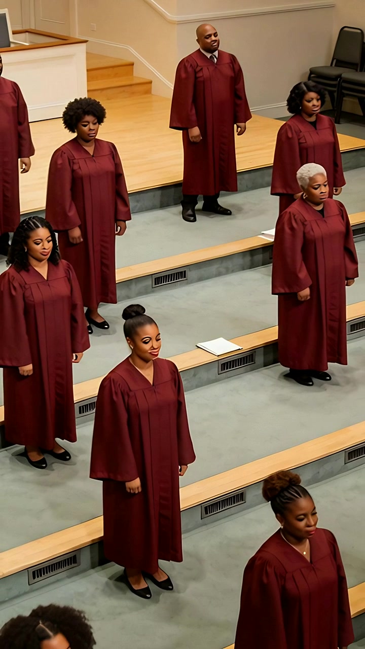 Vertical video: Singing front singer on riser for service in church, with maroon robes and program