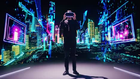 person experiencing a vr city simulation