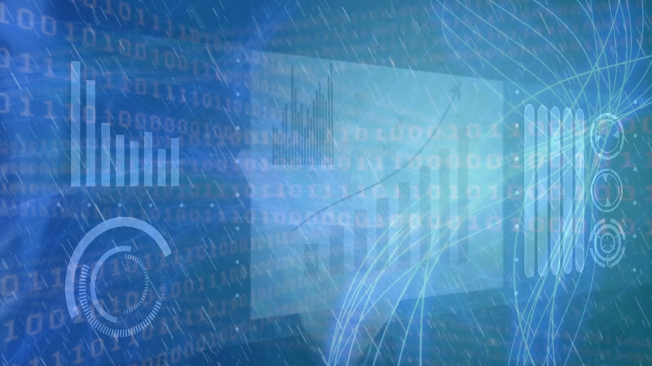 animación de la mano y carga sobre procesamiento de datos y código binario en fondo azul