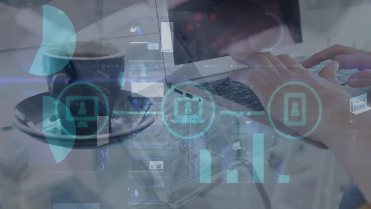 animación del procesamiento de datos con las manos utilizando una computadora portátil