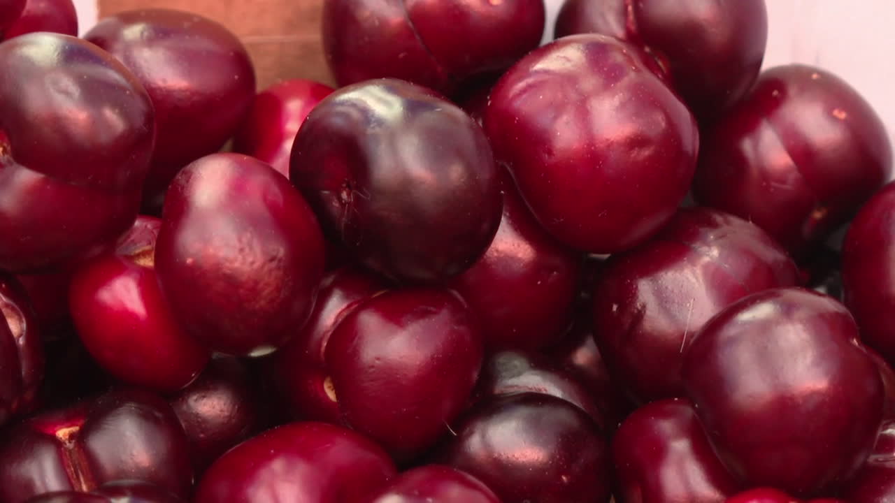 Close-up view of fresh red cherries