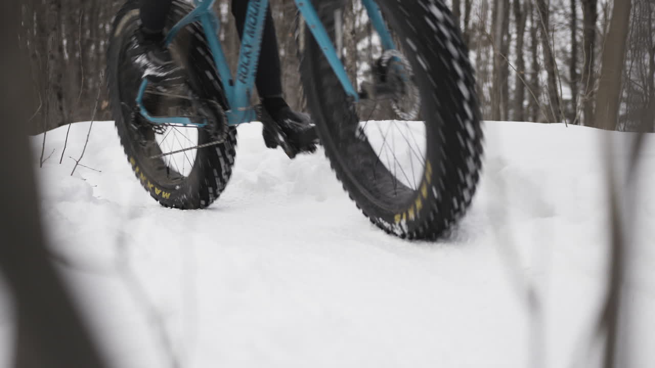 Close up of fatbike tires on the snow trails