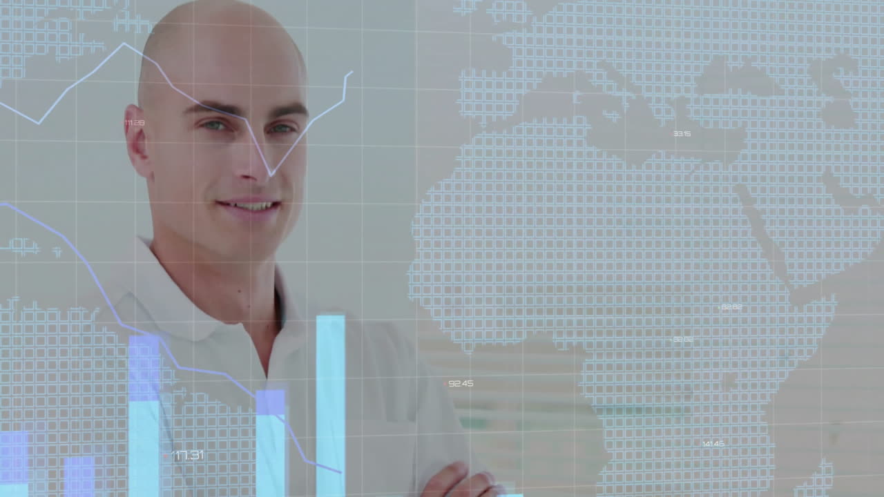 business analyst crossing arms in office, displaying floating digital bar charts and line graph