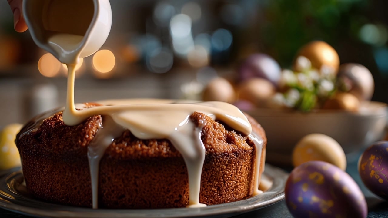 Versare glassa dolce su una deliziosa torta di Pasqua