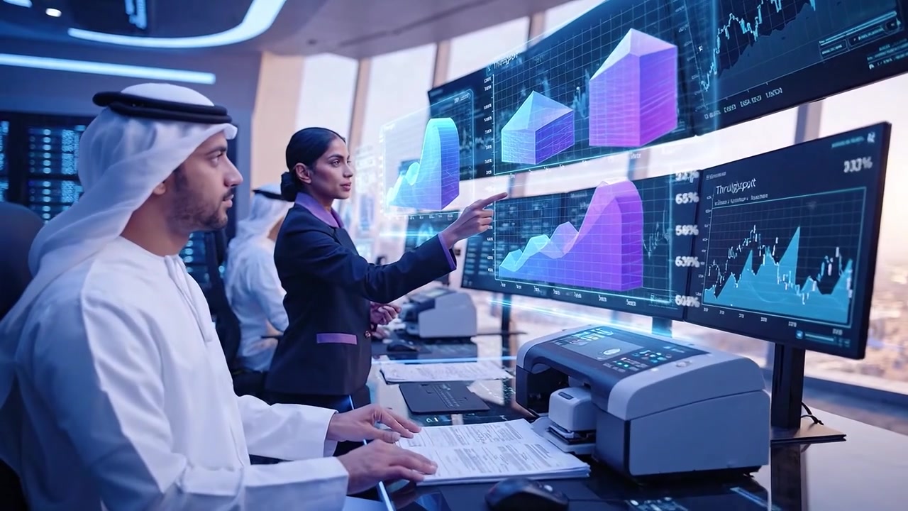 Business Professionals Analyzing Holographic Data in Futuristic Control Room