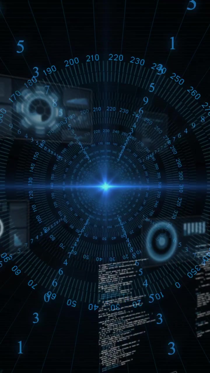 Animazione di interfaccia digitale futuristica con dati in rotazione nello spazio buio