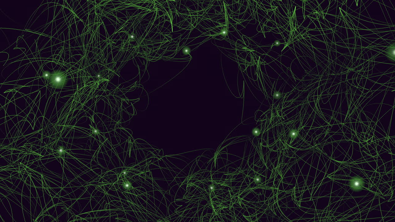 An image showcasing a contemporary digital art piece featuring green lines comprised of circular shapes set against a black backdrop, embellished with scattered dots, evoking a futuristic aesthetic