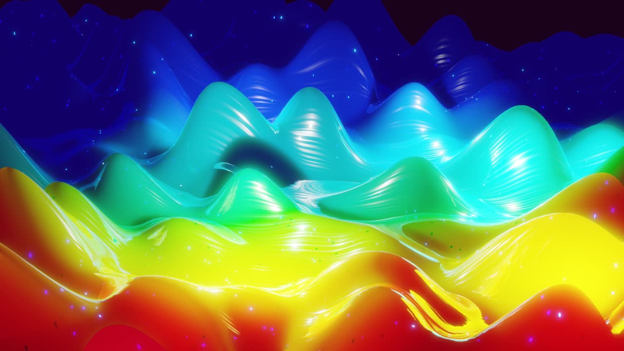 superficie 3d abstracta con hermosas olas, chispas luminosas y gradiente de colores brillantes, colores del arco iris. las olas corren en una superficie muy brillante y brillante con brillo brillante. animación en bucle 4k