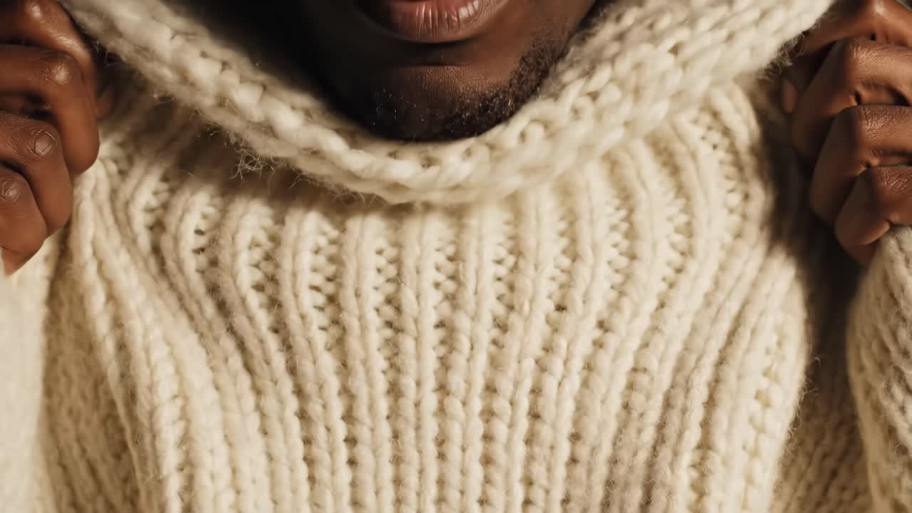 Close up of person wearing wool sweater
