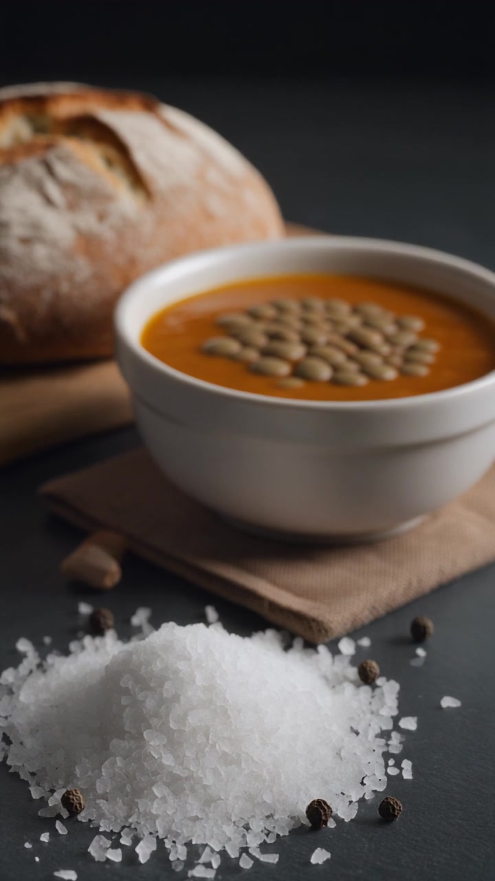 Skål med linsesuppe med frisk brød og havsalt