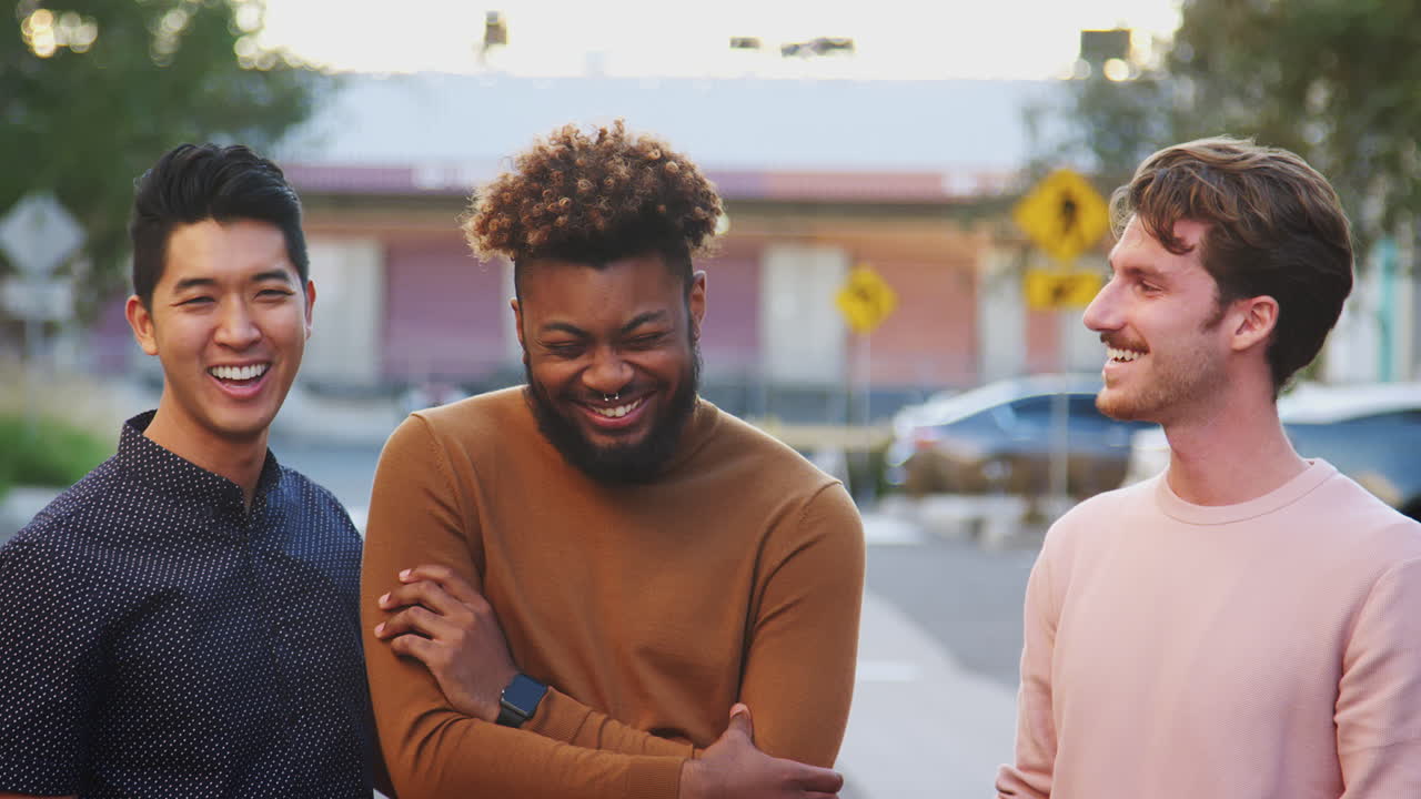 tres jóvenes amigos adultos de pie en una calle de la ciudad sonriendo a la cámara, vista frontal, de cerca