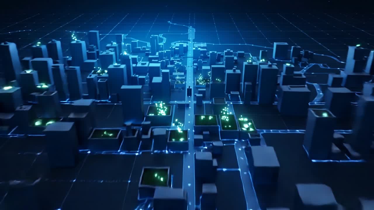 La telecamera si allontana, rivelando una bottiglia nera su un piedistallo in una smart city che mostra nodi verdi pulsanti.