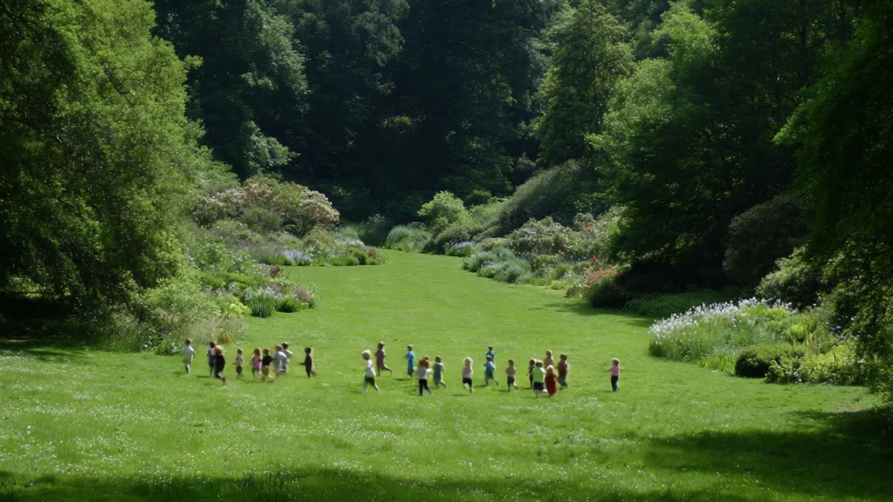 A Joyful Gathering of Children Running Through a Lush Green Meadow Surrounded by Vibrant Flora and a Tranquil Forest Setting