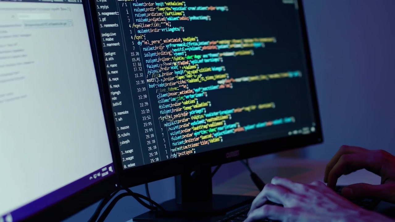Software Developer Writing Code on Computer in Dark Office