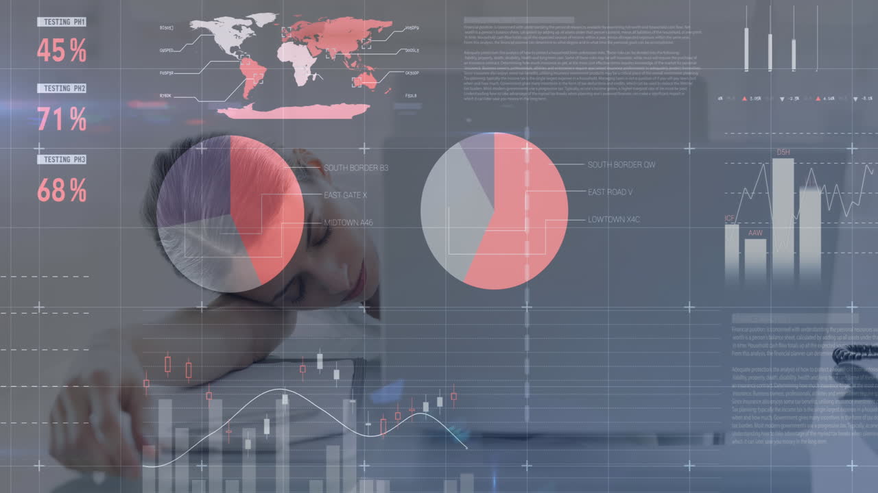 animación de procesamiento de datos estadísticos sobre empresario caucásico durmiendo en su escritorio en la oficina
