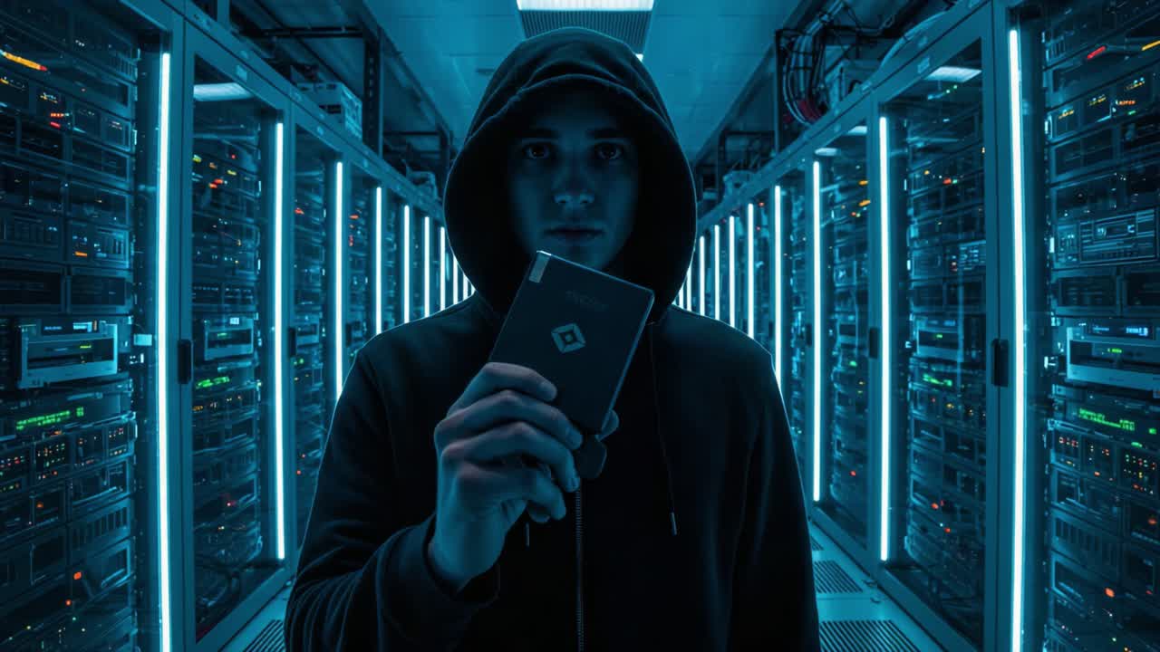 A Mysterious Figure in a Darkened Data Center Holds a Device Tight, Surrounded by Rows of Flickering Servers and Blue Ambient Lighting, Revealing an Intriguing Scene of Cyber Intrigue